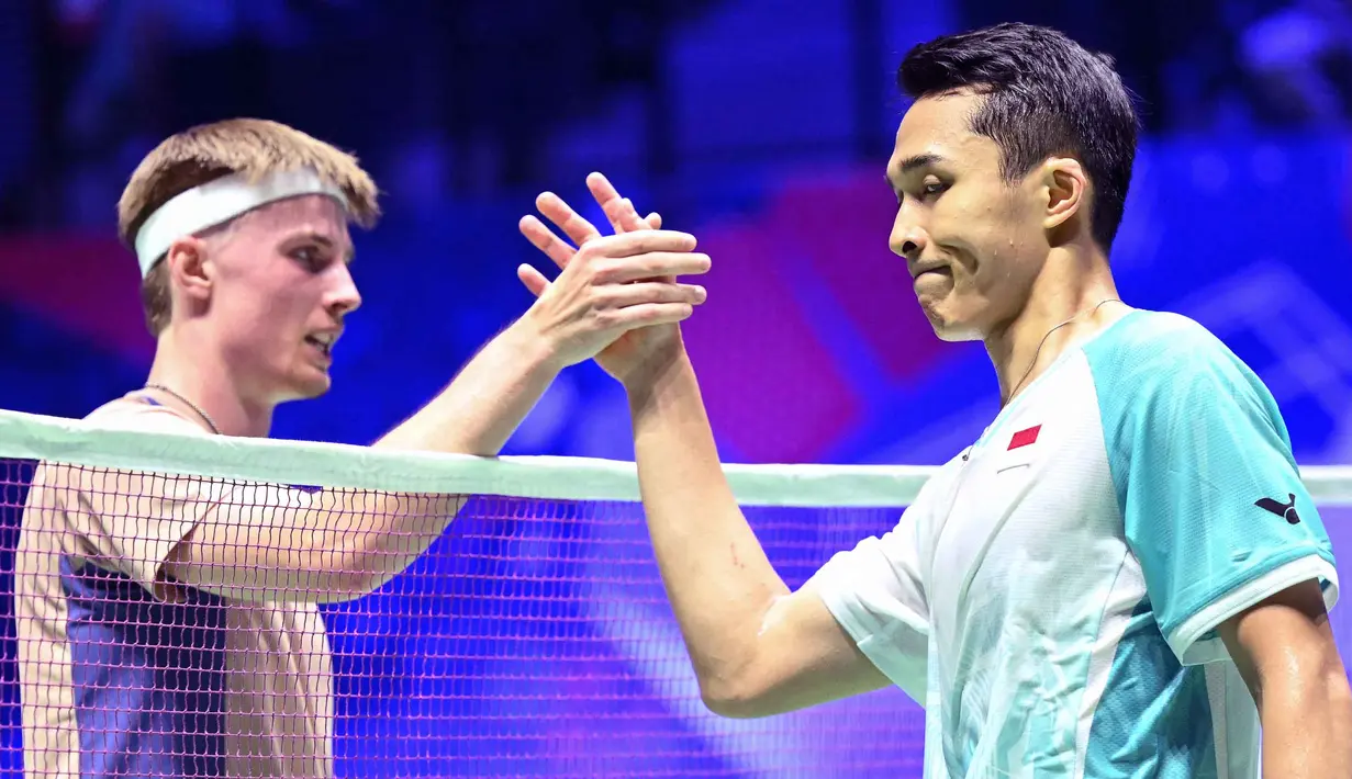 Selanjutnya, Jonatan Christie akan berhadapan dengan pemenang dari laga antara wakil Jepang Koki Watanabe melawan Ade Resky Dwicahyo dari Azerbaijan. (Bertrand GUAY/AFP)