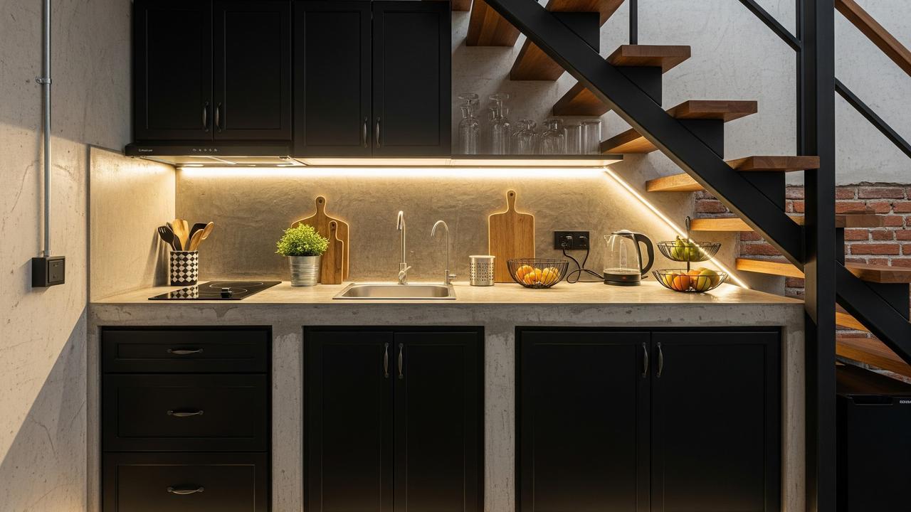 Dapur di Bawah Tangga dengan Sentuhan Industrial
