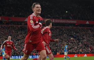 Selebrasi Florian Wirtz dalam laga Liga Inggris antara Liverpool vs Wolverhampton, Sabtu (27/12/2025). (AP Photo/Ian Hodgson)