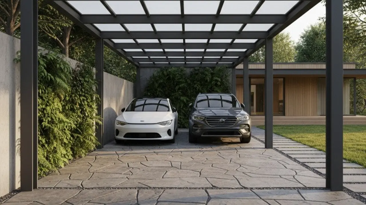 Ilustrasi Desain Carport dengan Lantai Batu Alam (Sumber: Gemini AI)