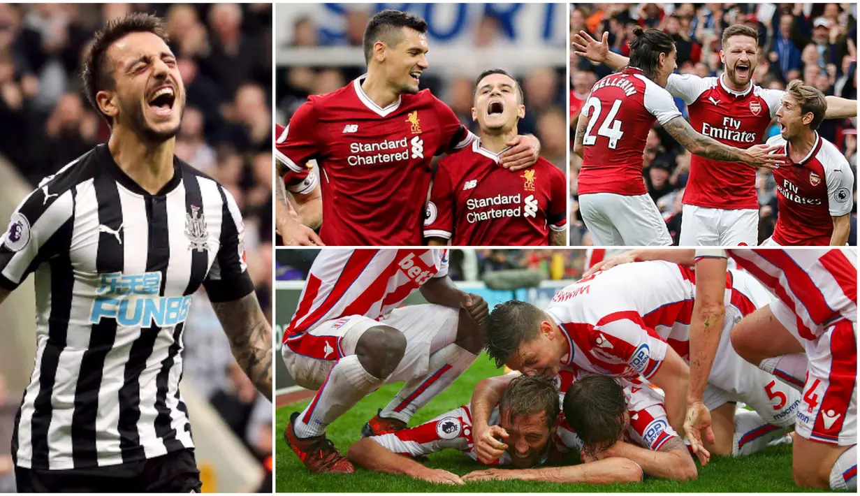 Berikut ini tujuh selebrasi terbaik yang menghiasi laga Premier League 2017/2018 pekan ke-7. Mulai dari selebrasi Peter Crouch, Philipe Coutinho, Joselu hingga para pemain Arsenal. (Kolase Foto-foto dari AP)