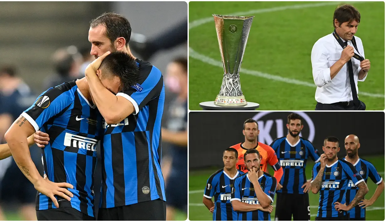 Inter Milan harus mengubur mimpi mereka untuk mengangkat trofi juara Liga Europa 2019/2020 usai takluk oleh Sevilla di babak final. Berikut ragam ekspresi Antonio Conte dan pemain Inter Milan usai kalah di final Liga Europa. (kolase foto AFP)