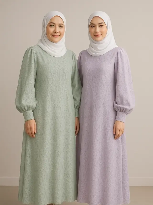 Gamis Brokat Lengan Balon Warna Pastel Lembut