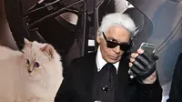 Desainer legendaris Karl Lagerfeld berpose di samping foto kucingnya "Choupette" selama peresmian acara "Corsa Karl and Choupette" di Palazzo Italia di Berlin pada 3 Februari 2015. Sepeninggal Lagerfeld, kucingnya diundang untuk menghadiri Met Gala 2023. (JENS KALAENE/DPA/AFP)