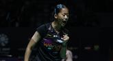 Tunggal putri andalan Indonesia, Putri Kusuma Wardani melakukan selebrasi usai mendapatkan poin pada pertandingan melawan wakil Taiwan, Sung Shuo Yun dalam babak 32 besar Indonesia Masters 2026 di Istora Senayan, Jakarta pada Rabu (21/01/2026). (Bola.com/Abdul Aziz)