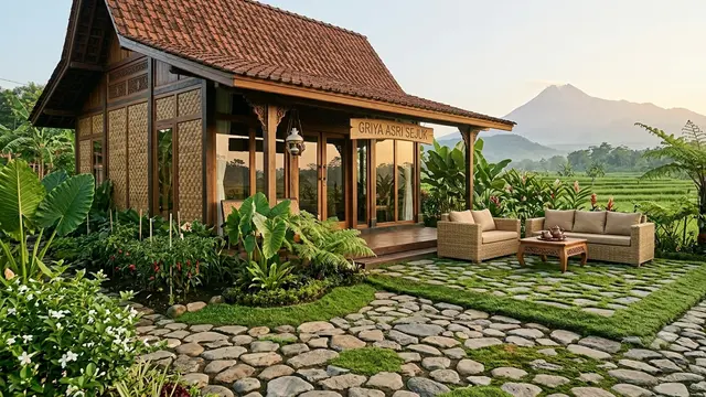Perpaduan Lantai Teras Batu Alam dengan Rumah Sederhana Desa Gemini AI