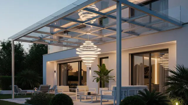 Kanopi Transparan dengan Lampu Gantung Modern Geometris
