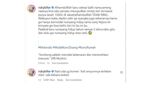 6 Sindiran Rizky Billar Untuk Haters, Beberapa Hari Lalu Datangi Polda