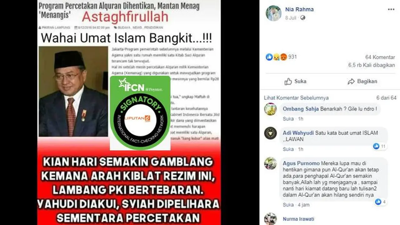 [Cek Fakta] Gambar Tangkapan Layar Tentang Berita Percetakan Alquran