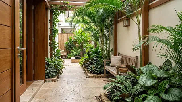 Ide Taman Mini di Lorong Rumah dengan Tanaman Berdaun Lebar