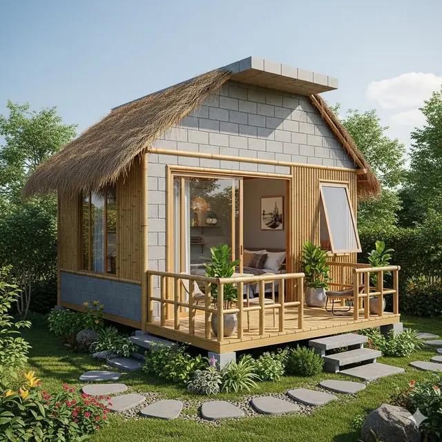 Model Rumah Kecil Tapi Cantik 4x6 Meter dari Batako dan Bambu dengan Teras dan Taman Mini (Image by Gemini)