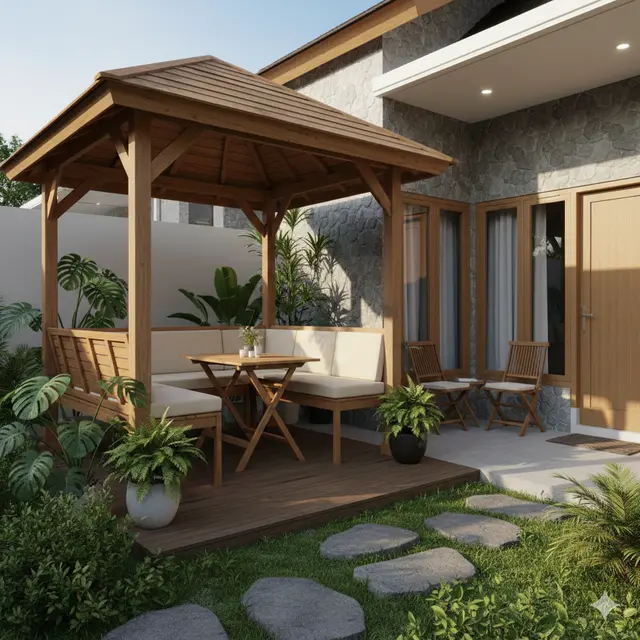Teras Rumah 6x9 dengan Gazebo Kayu dan Tanaman Tropis (Foto: Gemini AI)