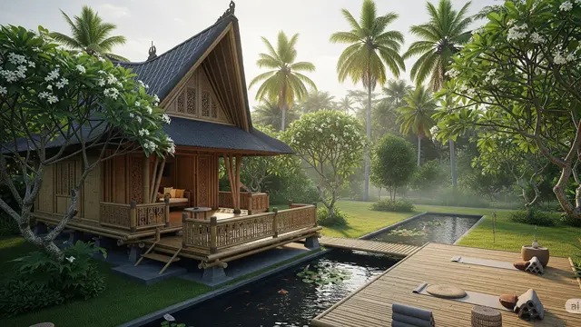 Model Rumah Bambu Gaya Bali Dengan Kolam Ikan/Ilustrasi gambar AI
