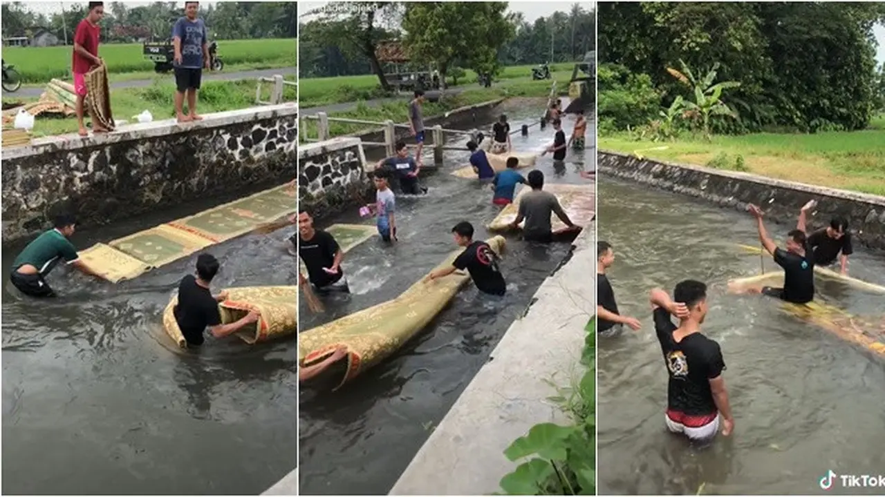 Sambut Bulan Ramadan, Ini Momen Seru Pemuda Nyuci Tikar Sambil Main Air