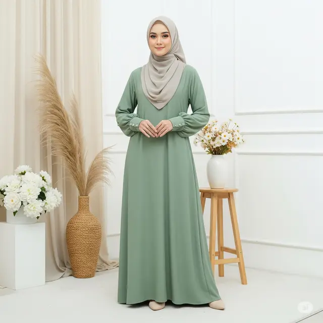 Gamis Sage Green Lengan Balon