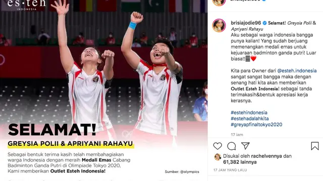 Brisia Jodie Hadiahkan Gerai Minuman untuk Greysia Polii dan Apriyani Rahayu yang Raih Emas di Olimpiade Tokyo 2020