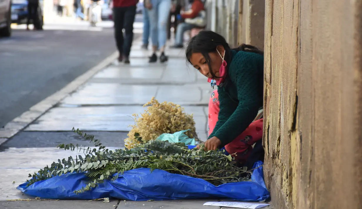 Seorang penjual menata ramuan obat tradisional yang digunakan untuk pengobatan penyakit pernapasan di trotoar di Cochabamba, Bolivia pada 25 Juli 2020. Kasus infeksi virus corona dan kematian akibat COVID-19 semakin meningkat di negara Amerika Selatan tersebut. (AP Photo/Dico Solis)