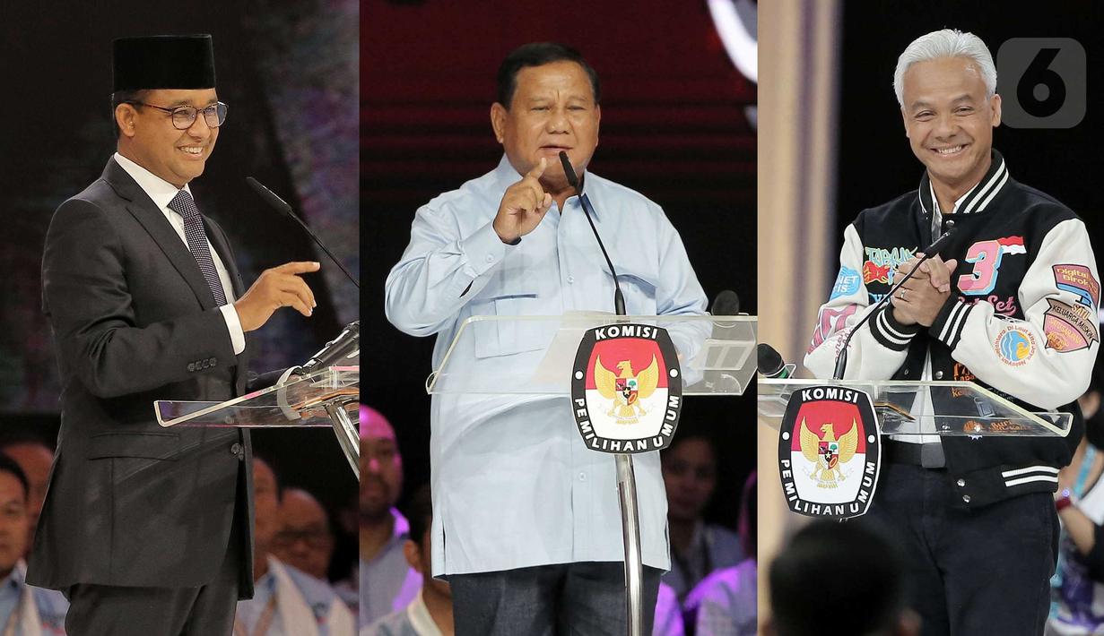 <p>Foto kolase ketiga Calon Presiden pada Pemilu 2024 Anies Baswedan, Prabowo Subianto, dan Ganjar Pranowo (kiri ke kanan) saat Debat Kelima Pilpres 2024 di Jakarta Convention Center (JCC), Jakarta, Minggu (4/2/2024). (Liputan6.com/Angga Yuniar)</p>