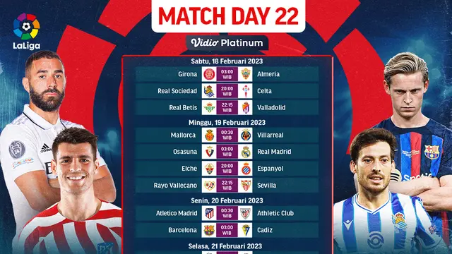 Jadwal Live Streaming Liga Spanyol 2022/2023 Matchday 22 di Vidio, 18-21 Februari 2023