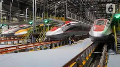 Petugas mengecek rangkaian Kereta Cepat Jakarta-Bandung (KCJB) yang telah tiba di Depo Tegalluar, Kabupaten Bandung, Jawa Barat, Rabu (17/5/2023). (Liputan6.com/Herman Zakharia)