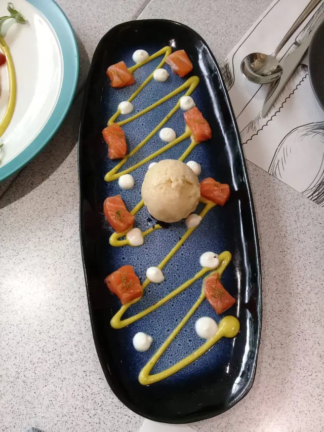 Marinated Salmon with Avocado Foam and Mustard Ice Cream