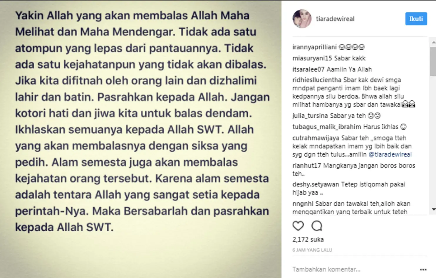 Tiara Dewi unggah kalimat motivasi. (Instagram/tiaradewireal)