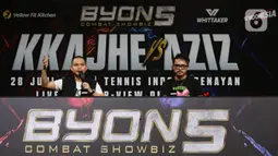 Vidio bersama BYON Combat Showbiz resmi mengumumkan gelaran BYON Combat Showbiz Vol.5. Menariknya, pada volume 5 ini, BYON Combat Showbiz akan menampilkan laga boxing dan kickboxing dalam satu malam. (Liputan6.com/Angga Yuniar)