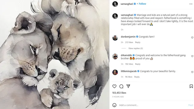 Unggahan Sam Asghari setelah Britney Spears mengumumkan sedang hamil. (Instagram/ samasghari)