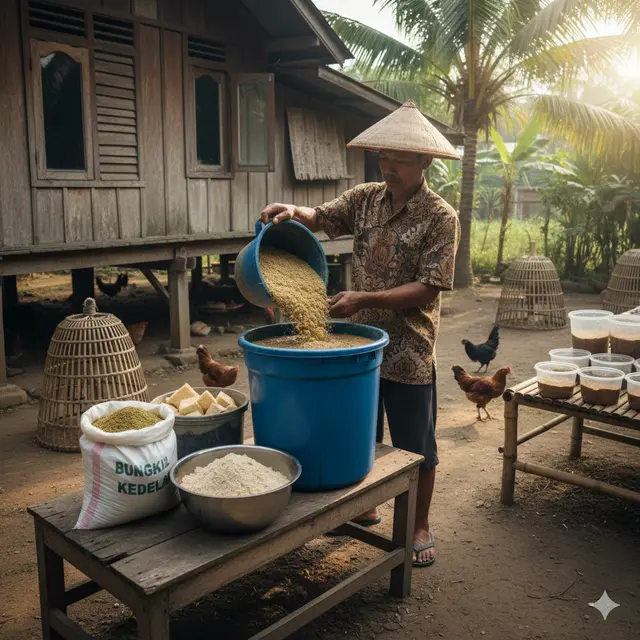 Cara Membuat Pakan Fermentasi Ayam Kampung (Foto: Gemini AI)