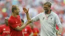 Pelatih Liverpool, Juergen Klopp, tampak gembira usai menang atas Barcelona pada laga ICC 2016 di Stadion Wembley, London, Inggris, Sabtu (6/8/2016). Liverpool berhasil menang 4-0 atas Barcelona. (AP/Frank Augestein)