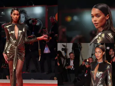 Laura Harrier berpose untuk fotografer setibanya pada pemutaran perdana film 'The Whale' dalam Venice Film Festival edisi ke-79 di Venesia, Italia, 4 September 2022. Laura Harrier mencuri perhatian dengan tampil mengenakan gaun mini metalik. (Photo by Vianney Le Caer/Joel C. Ryan/Invision/AP)