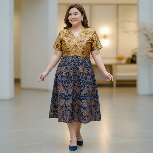 Dress Batik Brokat Lengan Pendek untuk Wanita Gemuk