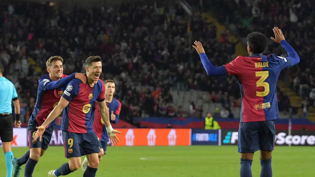 Selebrasi pemain Barcelona ketika melawan Brest di Liga Champions