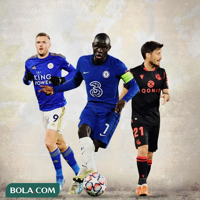 Ilustrasi - Jamie Vardy, N'Golo Kante, David Silva