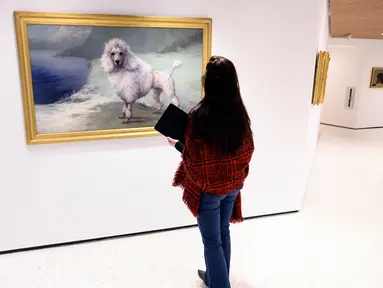 Seorang pekerja di museum anjing bernama Museum of the Dog di New York City, 1 Februari 2019. Museum yang disponsori oleh American Kennel Club Museum of the Dog ini akan memamerkan aneka macam karya seni bertema anjing. (Johannes EISELE/AFP)