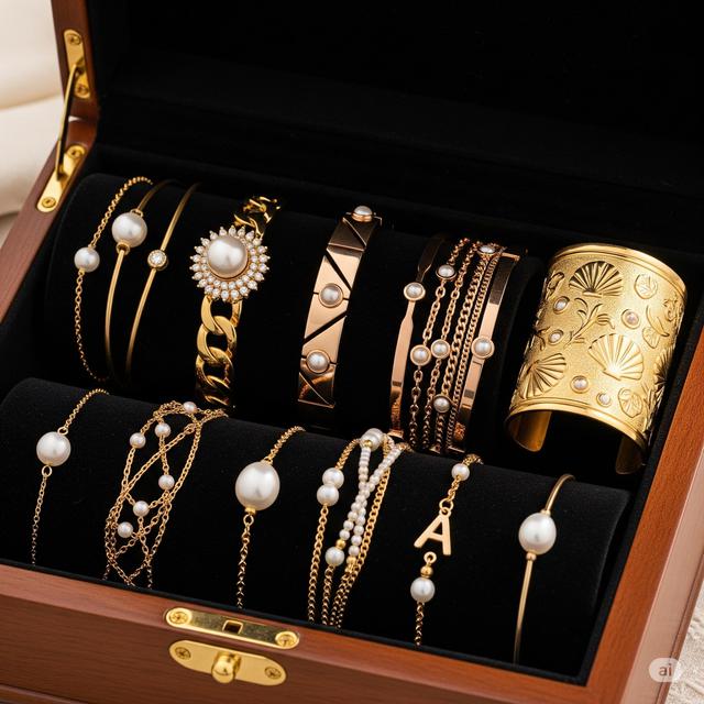 Ilustrasi kotak perhiasan yang berisi koleksi gelang emas mutiara.