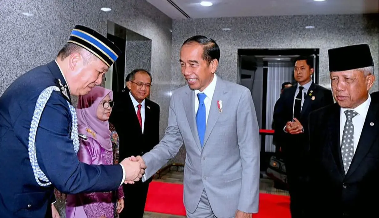 Jokowi tampil dengan setelan jas warna abu-abu serasi dengan celananya. Dipadukan kemeja putih sebagai inner dan dasi birunya. Pin kenegaraan pun tak lupa disematkan. [@Jokowi/Biro Pers Sekretariat Presiden]