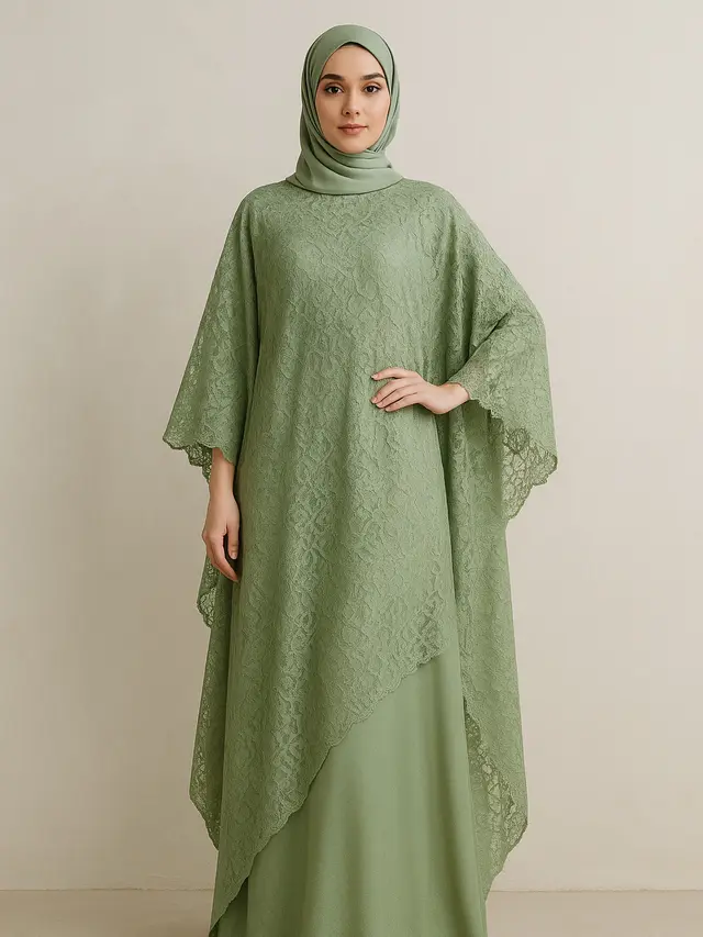 Gamis Brokat Kaftan Modern dengan Potongan Asimetris