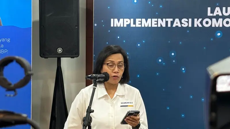 Menteri Keuangan (Menkeu) Sri Mulyani Indrawati dalam  perluasan implementasi Sistem Informasi Mineral dan Batubara Kementerian/Lembaga atau Simbara. (Tira/Liputan6.com)