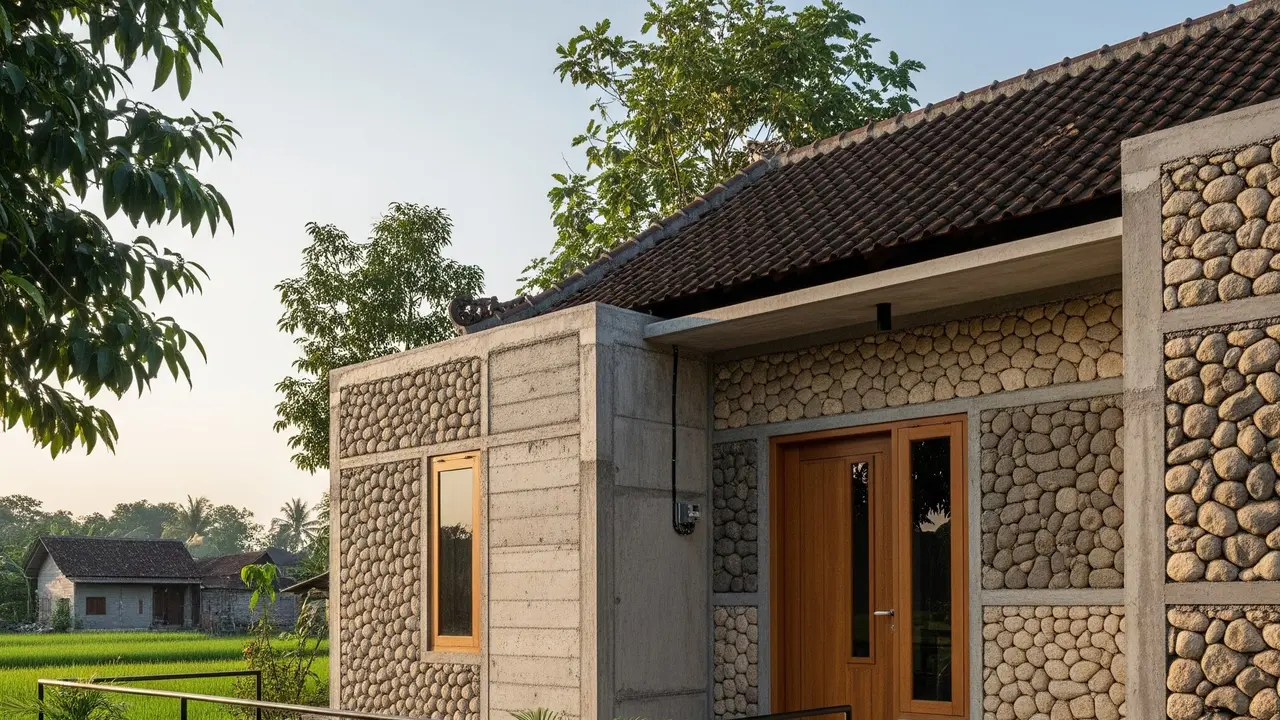 Contoh Rumah Desa Kombinasi Batu Alam dan Semen Ekspos (Image by Gemini AI)