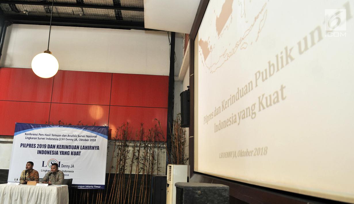 Peneliti LSI Denny JA, Rully Akbar (kanan) saat rilis survei di Kantor LSI, Jakarta, Kamis (4/10). LSI menggunakan metode multistage random sampling terhadap 1.200 responden melalui wawancara tatap muka menggunakan kuesioner. (Merdeka.com/Iqbal Nugroho)