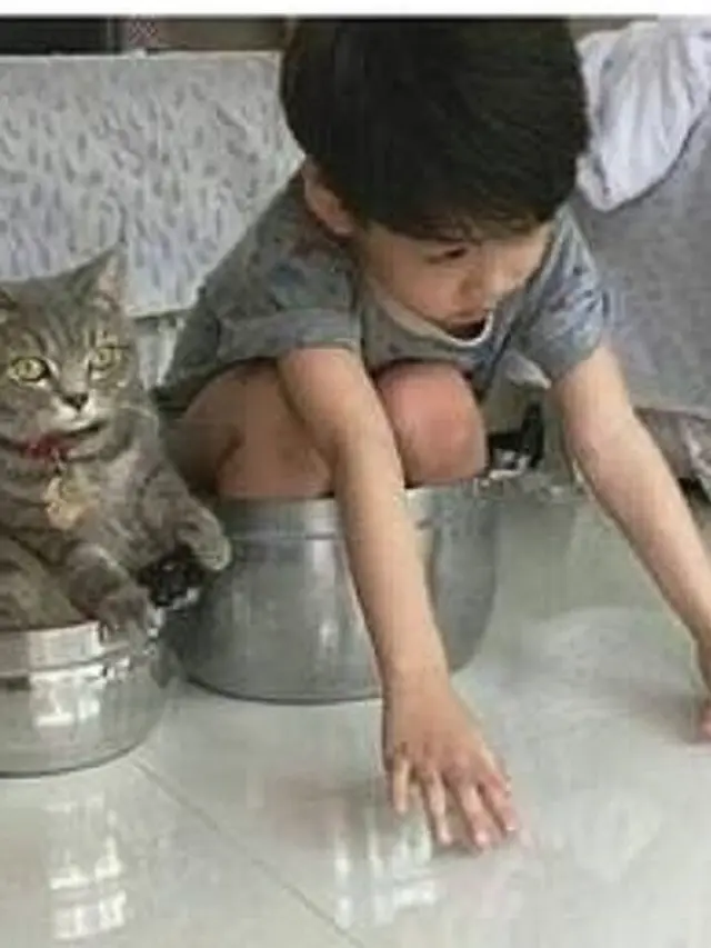 6 Momen Kompak Bocah dengan Kucing Peliharaan, Bak Anak Kembar