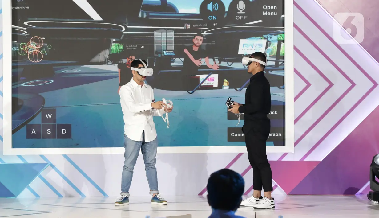 Founder RANS Entertainment Raffi Ahmad bersama Co-Founder Kaesang Pangarep saat peluncuran RansVerse di Jakarta, Jumat (1/4/2022). RANS Entertainment bersama Co-Founder & Chairman of VCGamers Wafa Taftazani memperkenalkan bisnis metaverse yang diberi nama RansVerse. (Liputan6.com/Helmi Fithriansyah)