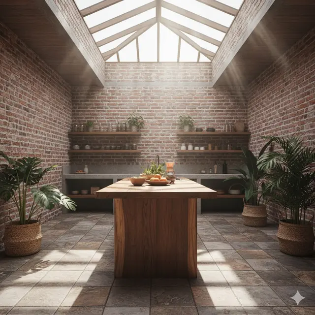 Model Dapur Rustic Tropis dengan Pencahayaan Alami dan Dinding Bata Merah. Gemini