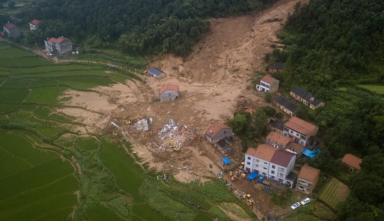 Foto dari udara menunjukkan lokasi penyelamatan bencana longsor di Yuanshan, sebuah desa di Kota Dahe yang berada di Wilayah Huangmei, Provinsi Hubei, China tengah (8/7/2020). (Xinhua/Xiao Yijiu)