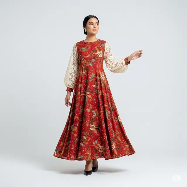 Model Batik Potongan Fit and Flare Kombinasi Brokat yang Elegan.