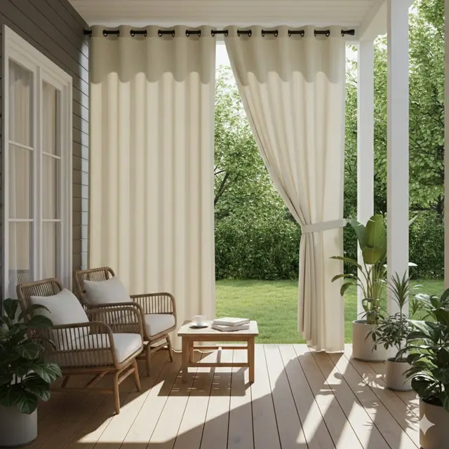 Teras dengan Penerapan Tirai Outdoor UV (Gemini AI)