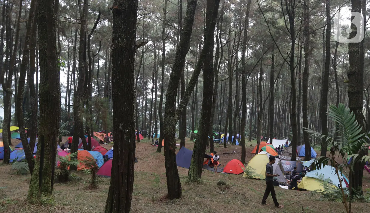 Pengunjung saat berada di lokasi perkemahan Curug Hiji, Bogor, Minggu (5/9/2021). Meski Kabupaten Bogor masih dalam masa PPKM level 3, sejumlah lokasi wisata luar ruangan mulai ramai dikunjungi pengunjung. (Liputan6.com/Helmi Fithriansyah)