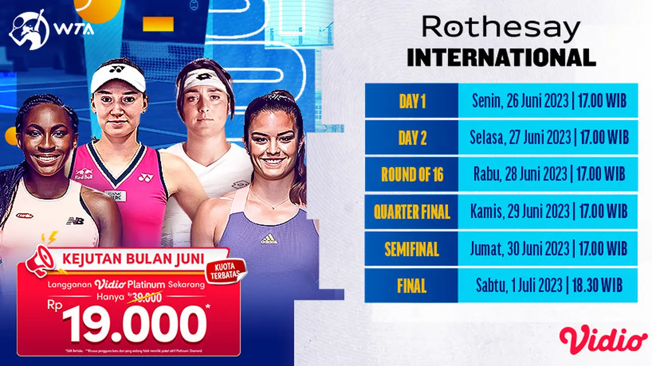 Live Streaming WTA 500 Rothesay International 2023 16 Besar sampai Final di Vidio, 26 Juni - 2 Juli 2023