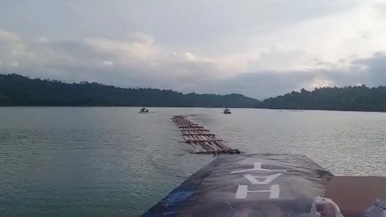 Ratusan kayu hasil ilegal logging di sekitar Sungai Gulamo yang disita oleh Polda Riau.
